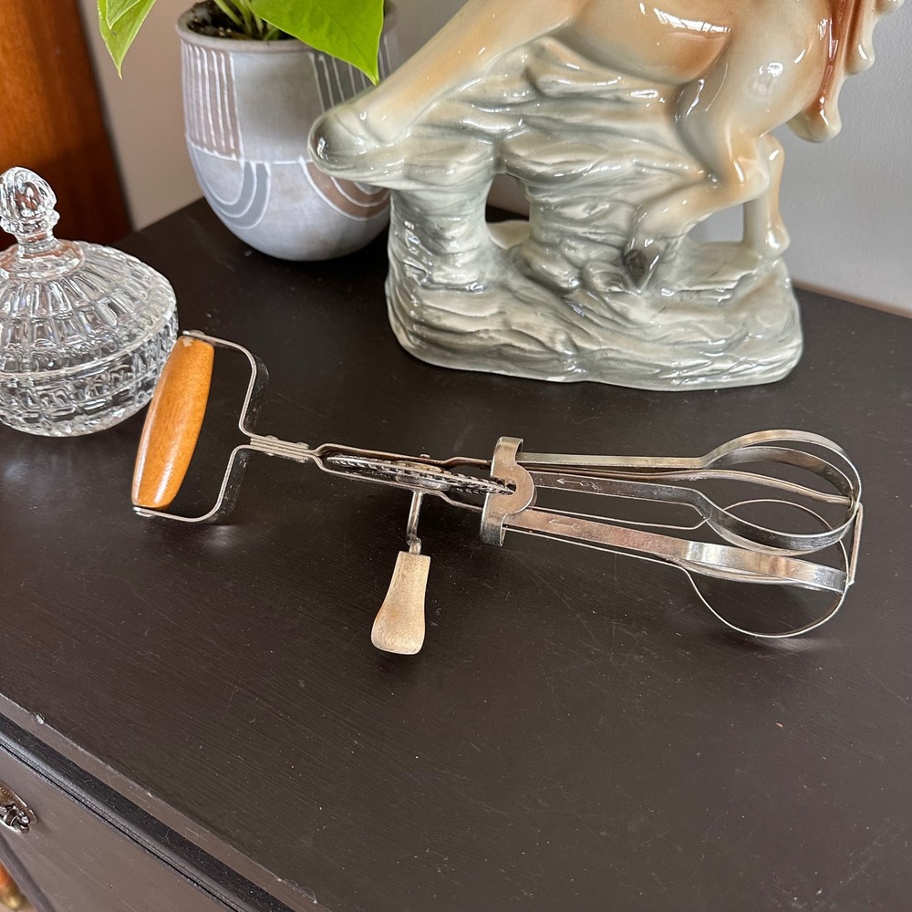 Vintage Hand Crank Egg Beater Stainless Steel Manual Mixer with Wood Handles